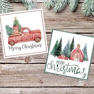 Red Truck Merry Christmas Gift Tag, Printable Vintage Red Truck, Rustic Christmas, Red Barn Christmas Present Tag, Xmas Gift Tags