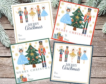 Könnte beinhalten: Vier druckbare Geschenkanhänger mit einem Nussknacker- und Ballerina-Motiv. Jede Karte zeigt einen Weihnachtsbaum, Schneeflocken und den Text "Frohe Weihnachten".