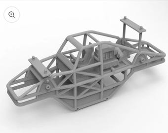 以下が含まれることがあります： グレーの3Dプリントされたバギーシャーシのモデル。シャーシはロールケージ、エンジンの詳細、サスペンションとボディパネル用の取り付けポイントを備えています。デザインは詳細で、組み立て準備ができています。