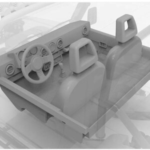 May include: A grayscale interior of a vehicle, showcasing the dashboard, steering wheel, seats, and center console. The steering wheel is round with a central hub. The seats have headrests. The design is minimalist and modern, with clean lines and a focus on functionality.