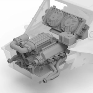 Puede incluir: Imagen en escala de grises de un motor de coche, que muestra varios componentes. El motor incluye un radiador con dos ventiladores, un sistema de admisión de aire y tubos de escape. El motor está montado dentro de un bastidor parcial del coche.