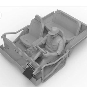 May include: A grey model of a vehicle interior, with a driver figure seated behind a steering wheel. The model includes two seats, a bench seat, and a detailed dashboard. The driver is wearing a hat and a button-down shirt.