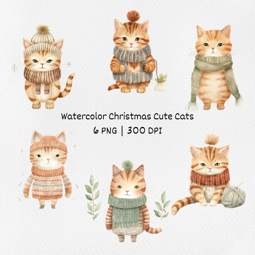 Christmas Cute Cat Winter Clipart Cute Animals Watercolor Clipart PNG ...