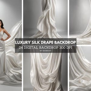 Könnte beinhalten: Eine Frau in einem weißen Kleid steht vor einem Hintergrund aus fließendem, elfenbeinfarbenem Seidenstoff. Das Bild ist eine Komposition aus mehreren Aufnahmen, mit dem Text "LUXURY SILK DRAPE BACKDROP" und "24 DIGITAL BACKDROP 300 DPI" überlagert.