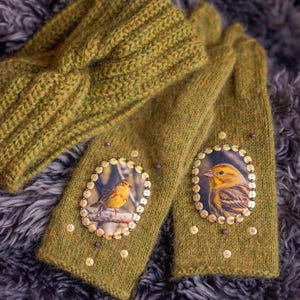 YELLOWHAMMER hand knitted alpaca mohair gloves + headband/buff scarf
