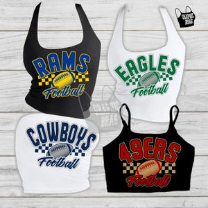カスタムチェッカーデザインチームチューブトップホルターまたはクロップヨガブララムズイーグルスカウボーイズ49ersフットボールレディースパーティータンクワークアウトシャツチーフスジェッツ