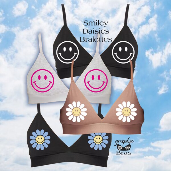 Smiley Face Daisies Print Hippie 60s 70s Daisy Punk Flower Power Placement Happy Graphic Bra