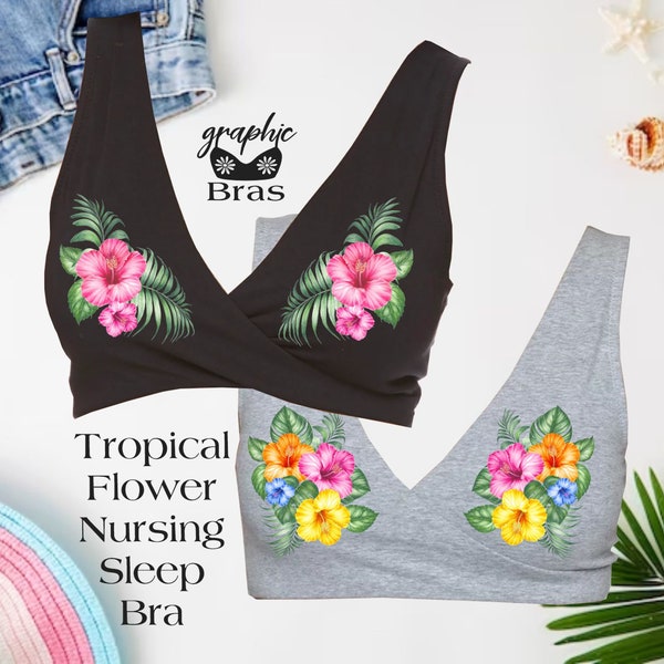 Tropical Flower Nursing Crossover Sleep Bra Hawaiian Floral Pink Multi Print Graphic Bra
