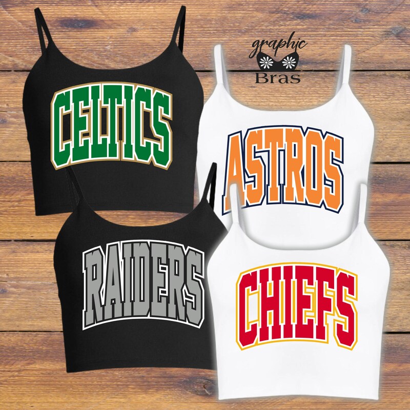 ❤️Buy 2 FREE SHIPPING❤️Custom Team Spaghetti Strap Crop Top Fan Cami Bralette College University Celtics, Astros, Raiders, Chiefs, Lions Print with Light Padding