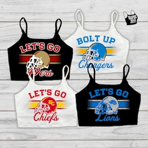 Benutzerdefinierte Team Spaghetti Strap Crop Top Fan Cami College Universität Football Helm Chiefs Lions Adler Ladegeräte 49ers Sport BH leichte Polsterung