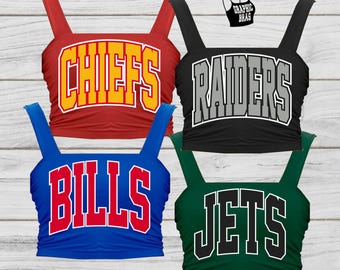 Custom Thick Strap Crop Top Tank Double Layered Large College Letters Chiefs Jets Eagles Bills Dolphins Bears Football Basketball Team Fan