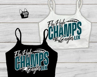 Super Bowl Champ Philadelphia Eagles Football Crop Bra Spaghetti Strap with Light Padding or Soft Racerback Tank Fly High LIV Champions