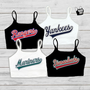 Benutzerdefinierte Baseball-Team oder Spieler Name Crop Top Cami Sport-BH Dodgers Yankees Rangers Mariners Diamondbacks Cardinals Script Cheer Dance