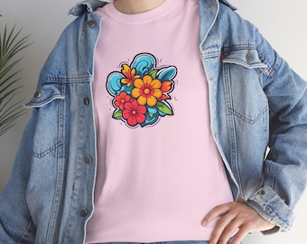 Colorful Floral Retro T-Shirt, Boho Botanical Design