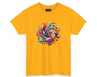 May include: A yellow t-shirt with a colorful abstract design featuring swirls, geometric shapes, and dots.