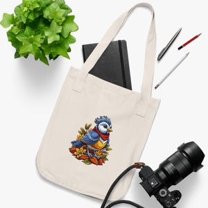 Organic Bluebird Tote Bag, Eco-friendly Shopping Bag, Nature Lover Gift, Reusable Grocery Bag, Fall Decor, Bird-themed Accessory