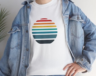 Retro zonsondergang T-shirt met print, katoenen uniseks shirt in jaren 70-stijl