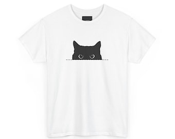 May include: White t-shirt with a black silhouette of a cat peeking over the top with its eyes visible.