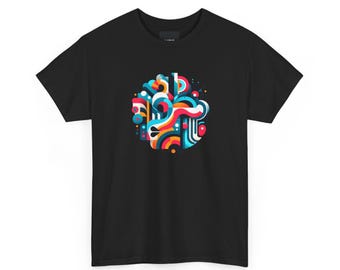 May include: Black t-shirt with a colorful abstract design featuring geometric shapes and swirls.