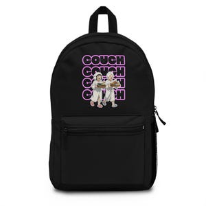 May include: Black backpack with a front pocket and a top handle. The backpack features a graphic of two cartoon figures carrying trays, with the word "COUCH" stacked in pink letters.