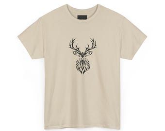 May include: A beige t-shirt featuring a black graphic of a deer's head with intricate antler and facial details. The deer design is centered on the front of the shirt. The shirt has a classic crew neck and short sleeves.
