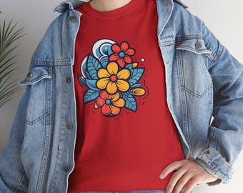 花柄グラフィックTシャツ、カラフルな花柄シャツ、ボタニカルプリント
