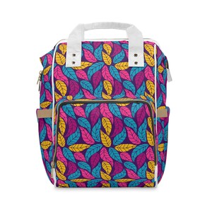 Vibrant Leaf Print Diaper Backpack Stylish Baby Bag for Parents, Travel, Nursery, Gender-Neutral Gift, Functional & Fashionable