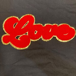 Love Chenille Patch | Large Red Love Iron-On Patch | Gold Glitter Applique | Jacket Patch | Varsity Letter Patch | DIY Clothing Patch