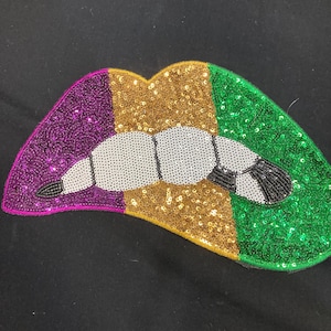 Mardi Gras Sequin Lips Iron On Patch | Purple Green Gold Glitter Applique | Carnival Jacket Patch | DIY Trucker Hat Patch | New Orleans Fash
