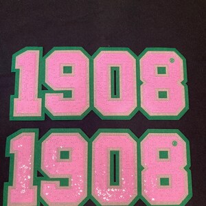 May include: Two identical patches featuring the number 1908 in pink sequins. Each digit is outlined in a light tan border and set against a dark green background. The patches have a block-style font and a small registered trademark symbol.