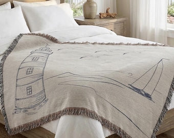 Woven Cotton Blanket, Lighthouse Sailboat Jacquard Design with Fringe Edges
