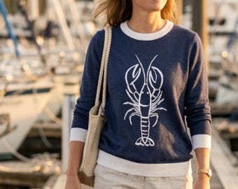 Navy Lobster Sweater Coastal Knit Pullover Nautical Preppy Beach House Clothing New England Style Seaside Vacation Outfit Gift for Her