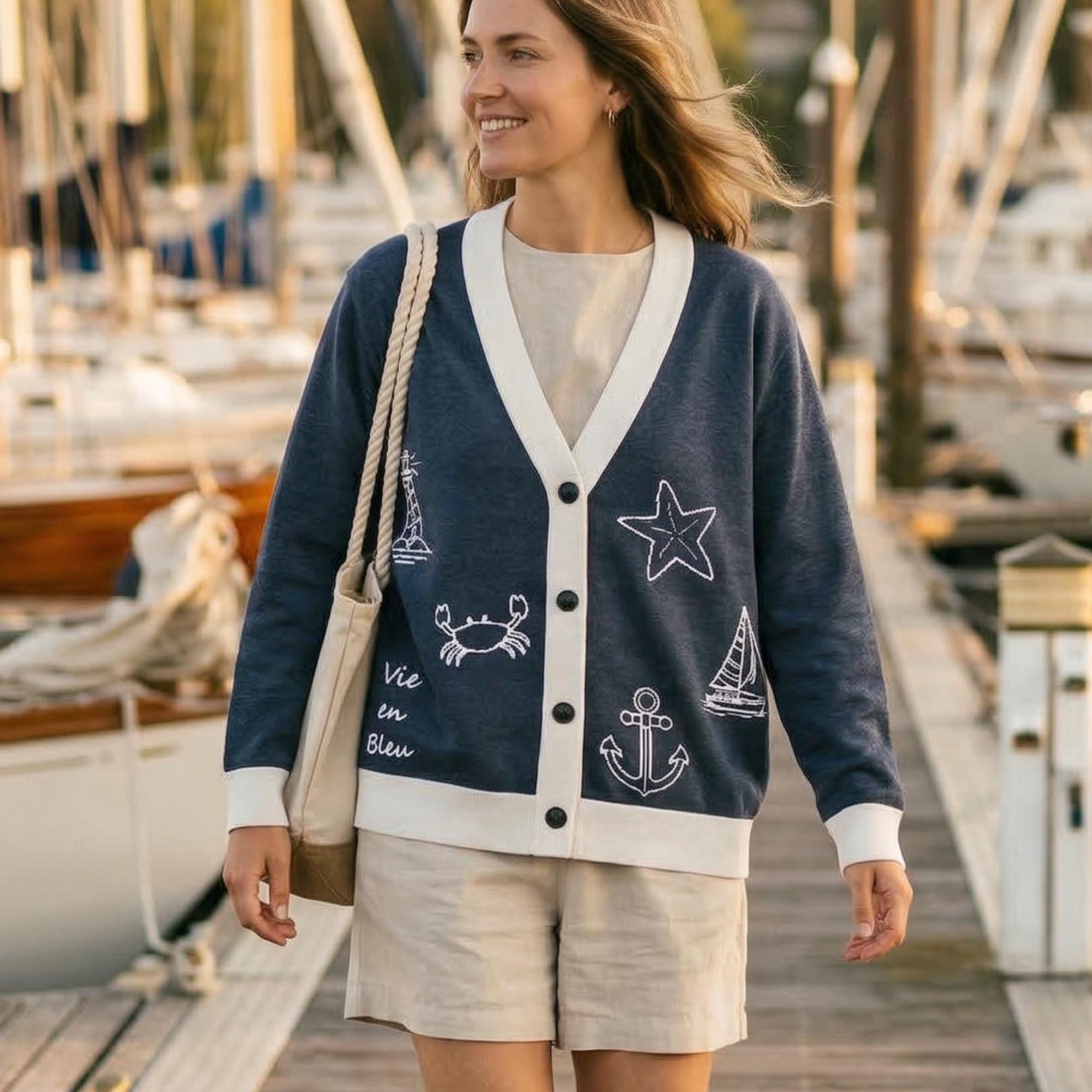 Nautical Knit Cardigan Navy Coastal Sweater Beach House Clothing 