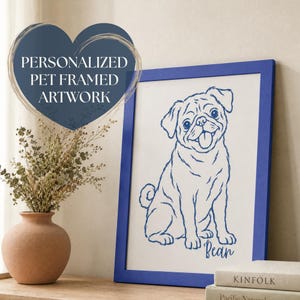 May include: A blue framed print featuring a line art illustration of a pug dog with the name Bean written below. The text Personalized Pet Framed Artwork is displayed in a dark blue heart shape overlaying the image.