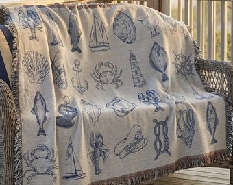Coastal Woven Blanket Nautical Throw Beach House Blanket Maritime Sailboat Lobster Coastal Cottage Decor Ocean Gift