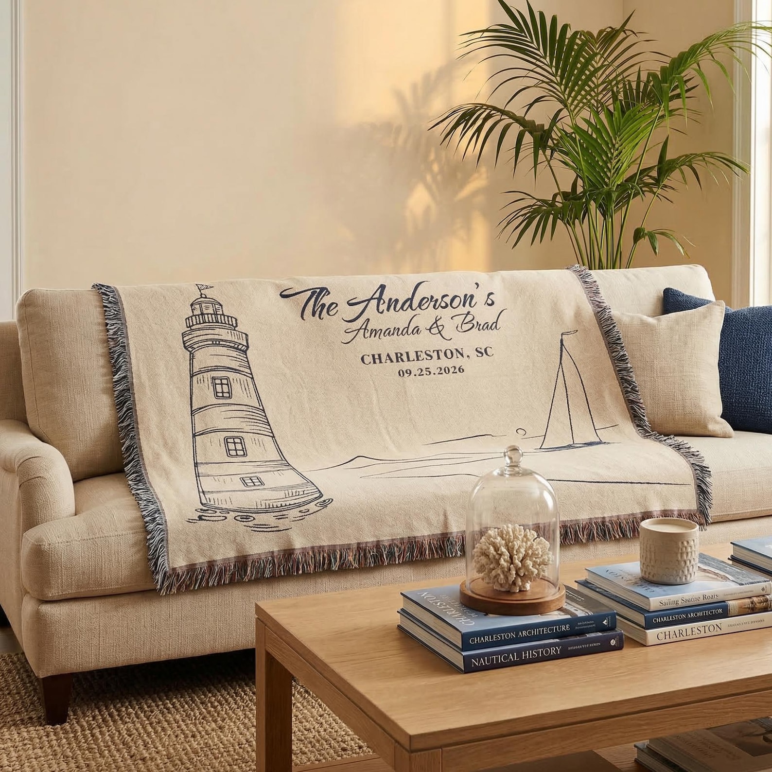 Custom Wedding Woven Blanket Personalized Lighthouse Throw for Couple Nautical Coastal Wedding Gift Seaside Home Decor - 50"x60" (Standard)