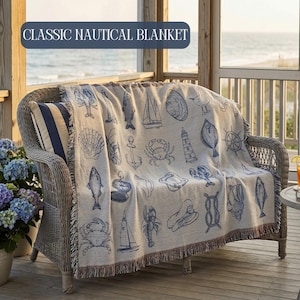 Coastal Woven Blanket Nautical Throw Beach House Blanket Maritime Sailboat Lobster Coastal Cottage Decor Ocean Gift