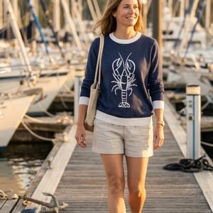 Marine kreeft trui kust gebreide trui nautische preppy strandhuis kleding New England stijl vakantie outfit aan zee cadeau voor haar