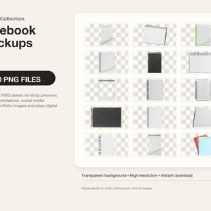 May include: A collection of 40 notebook mockups in PNG format with transparent backgrounds. The set includes various spiral-bound and standard notebooks in white, black, and coloured options, presented as digital assets for graphic design projects.