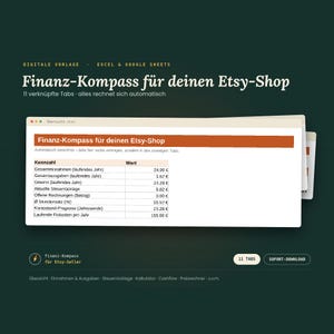 May include: A digital financial spreadsheet template for Etsy shops, compatible with Excel and Google Sheets. The interface displays a dashboard titled Finanz-Kompass für deinen Etsy-Shop with columns for metrics and values, featuring 11 tabs.