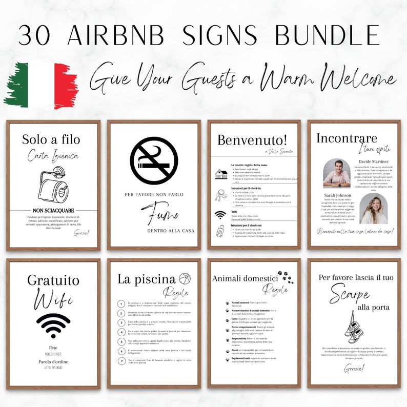AirBnB Welcome Sign Host Bundle. 30 pieces fully editable in Canva. Available in three sizes