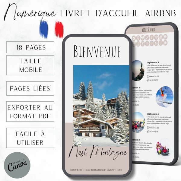 Livre de bienvenue numérique français AirBnB Montagnes | Livre d'or | Manuel de la maison | Modèle de toile modifiable | Règlement intérieur | Taille du mobile | Sports d'hiver