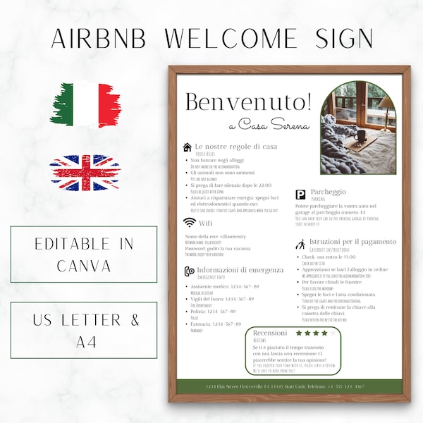 Cartel de bienvenida italiano para anfitriones de Airbnb y VRBO, alquiler vacacional imprimible, póster de llegada de huéspedes, cosas que debe saber, reglas de la casa de playa, WiFi