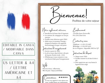 Modello di cartello di benvenuto a tema foresta per case vacanze in francese, regole della casa AirBnB, codice QR, modificabile in Canva, poster VRBO, Wifi