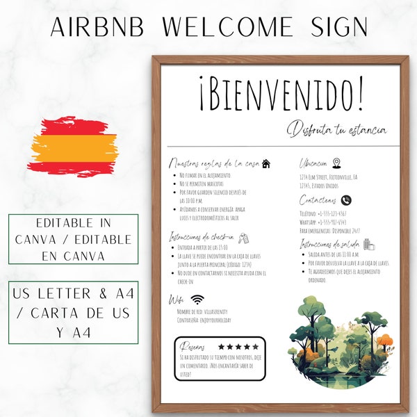 Spanish Welcome Sign for AirBnB and VRBO Hosts, Editable Vacation Rental Template, Rules Policies, House Rules, Wifi, Guest Arrival Poster