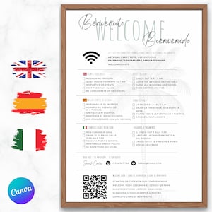 Cartello di benvenuto per host Airbnb e VRBO in inglese, spagnolo e italiano, stampabile per case vacanze, poster di arrivo per gli ospiti, regole della casa, Wi-Fi