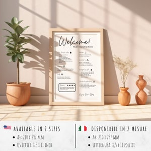 AirBnB Welcome Sign Template English and Italian. In A4 and US Letter Size. Fully editable in Canva