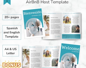 Modello di libro di benvenuto blu in spagnolo e inglese per host AirBnB e VRBO, libro degli ospiti personalizzato, Canva, modificabile, manuale Wi-Fi, regole della casa sulla spiaggia