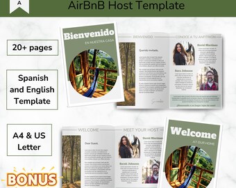 Modello di libro di benvenuto in spagnolo e inglese per host AirBnB e VRBO, Verde, Libro degli ospiti, Modificabile in Canva, Spagna, Manuale Wi-Fi, Regole della casa