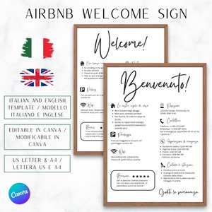 Cartello di benvenuto AirBnB in italiano e inglese, poster di arrivo degli ospiti, bed and breakfast, casa vacanze, regole della casa, Wi-Fi, modello Canva